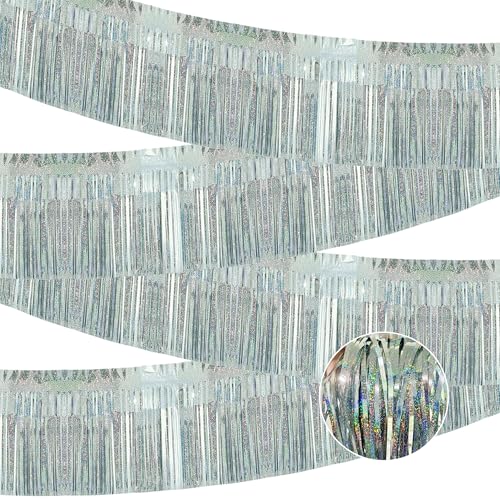 Image of 4 Pack Each 10 Feet Glitter Silver Parade Float Decorations for Trailer Car, Glitter Foil Fringe Metallic Tinsel Streamers Banner Garland for Graduation Weeding Homecoming Birthday(Glitter-Silver)