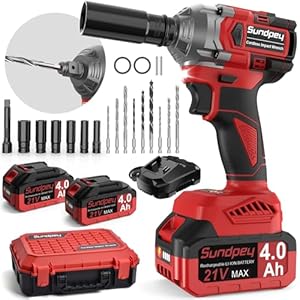 Sundpey 650N·m Cordless Impact Driver – 2-in-1 3200RPM Brushless Electric Impact Gun – 21V 480Ft-lbs Power Impact Wrench with 2 x 4.0Ah Battery & 6 Sockets & 9 Drill Bits & Desktop Charger & Tool Case