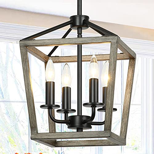 Lampundit 4 Light Farmhouse Chandelier Vintage Rustic Rectangle Lantern Metal Pendant Light Fixture For Dining Room Kitchen Foyer Entryway, Oak Wood +Black Finish #TOP11