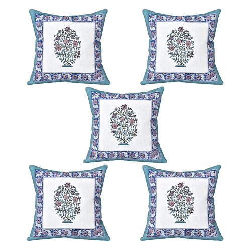 Image of BLOCKS OF INDIA Hand Block Printed Cotton Linen Cushion Cover (16 x 16 inches) (Blue VASS)