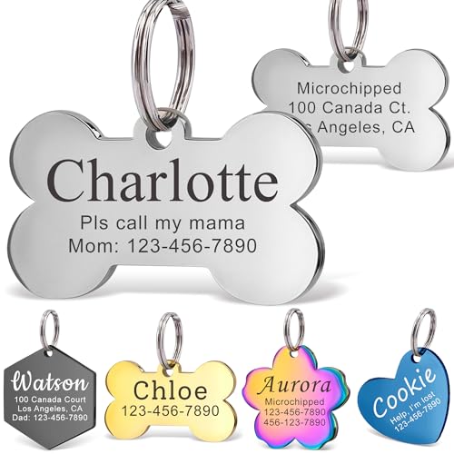 Anavia Personalized Pet ID Tags, Stainless Steel Glossy Laser Engraved Dog Cat Collar Name Tags, Multiple Colors Shapes Sizes (Bone, Regular)