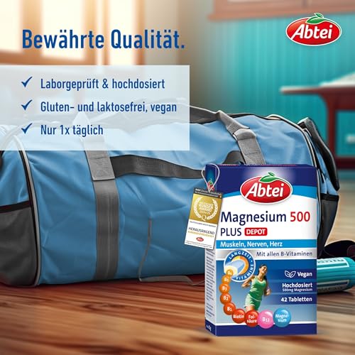 Abtei Magnesium 500 Plus Extra-Vital-Depot - hochdosiert - mit allen B-Vitaminen - für Muskeln, Nerven und Herz - Vegan - 42 Tabletten