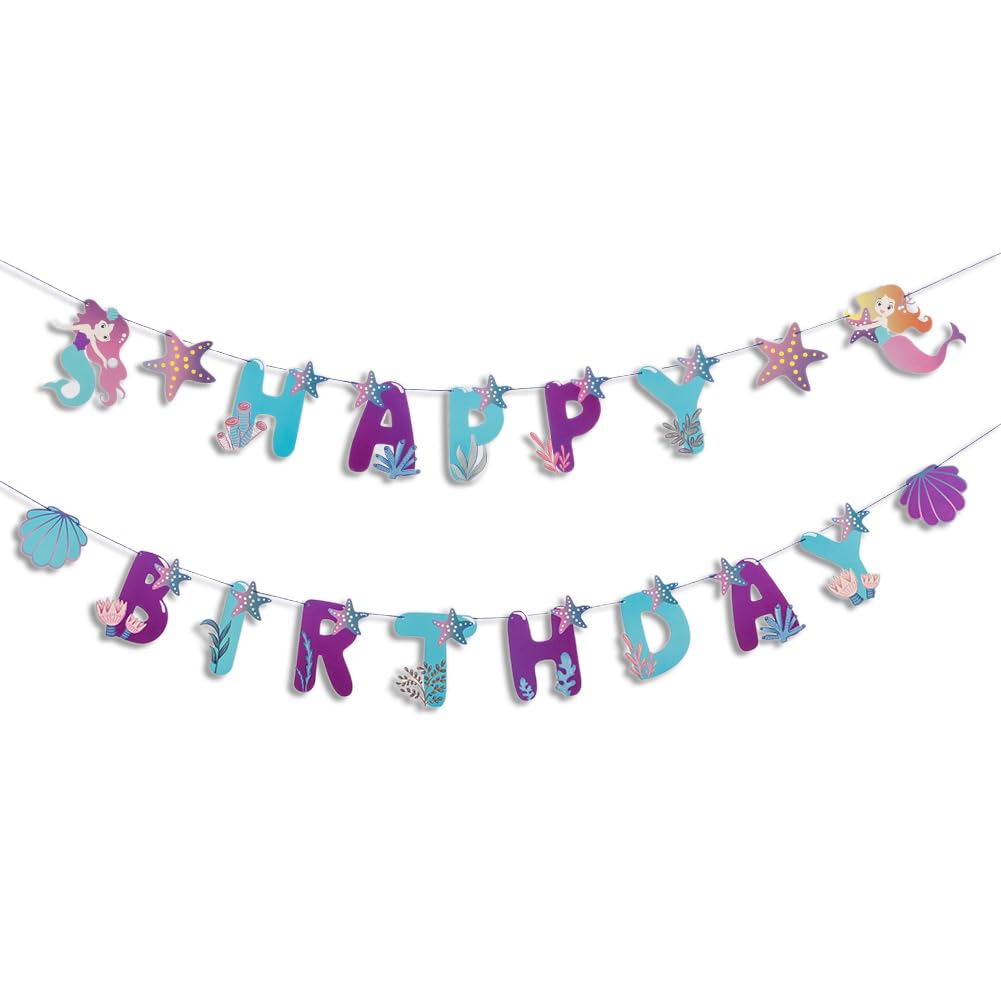SUNBEAUTY Mermaid Happy Birthday Banner Little Mermaid Theme Birthday Decorations for Girls Ocean Theme Party Supplies for Baby Shower | Pre-Strung