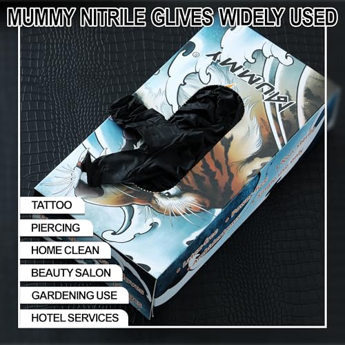 mummy Black Textured Nitrile Gloves 4 Mil,Disposable Latex-Free Gloves Powder-free For Tattoo,Piercing,Beauty Salon,Home Clean,Gardening Use,Hotel Services (M-100)