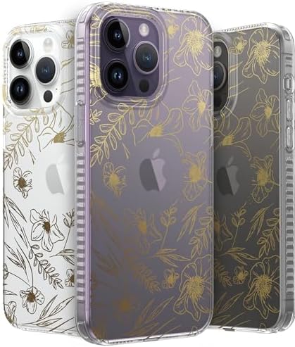 LONLI Hue Case for iPhone 14 Pro - [360° Shock-Absorbent Bumper] - [Cute and Unique Phone Cover for Girls and Women] - Gold Floral