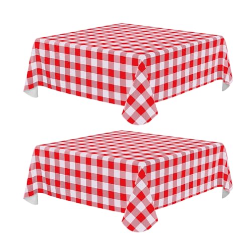 Image of misaya 2 Pack Waterproof Vinyl Table Cloth, Buffalo Flannel Backed Tablecloth, Wipeable Plastic Table Cover for Dinner, Kitchen, Outdoor (54 inch x 54 inch, Red and White)