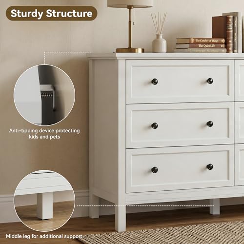 Image of LYNSOM White Dresser for Bedroom, 6 Drawer Dresser with Wide Drawer and Metal Handles, Wood Dressers & Chests of Drawers for Hallway, Entryway