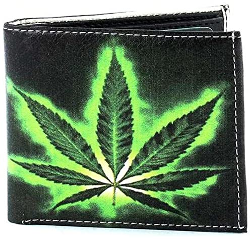 WLT-121 - Mens Bi-Fold Marijuana Leaf Weed Wallet Bill Holder Credit Card Holder and ID Display Window