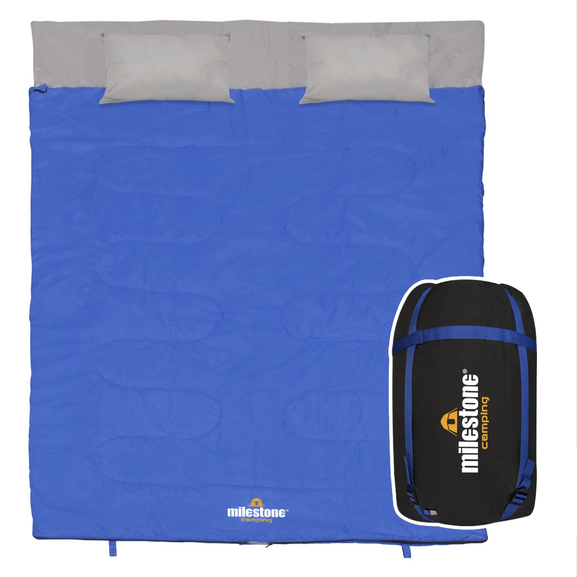 Milestone Camping 26759 Double Envelope Sleeping Bag with Pillows / 250gsm 2 Season/Compression Sack/Water Resistant/Camping, Backpacking or Hiking, Blue