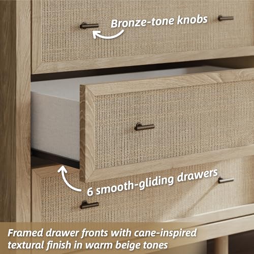Image of Signature Design by Ashley Cielden 6 Drawer Dresser, Quick 10-Minute Assembly, Textured Cane Details, Coastal Modern Bedroom Storage, Light Brown Two-Tone