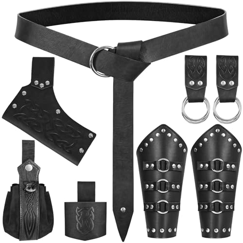 Medieval Renaissance Sword Belt Leather Bracers Set - Pirate Costume Accessories with Skirt Hike Viking Frog Holster for LARP (Black)