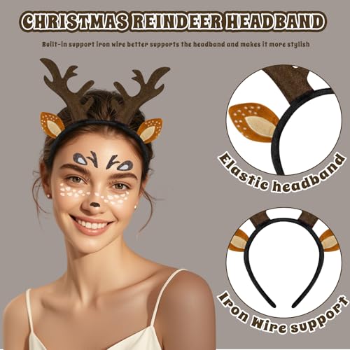 ALONK Damen Geweih Kostüm Set, Kaffee Tüllrock + Geweih Haarreif + Lange Socken + Gürtel + Rentier Gesichtstattoos, Reh-Kostüm für Fasching, Karneval & Mottoparty, Festliche Accessoires