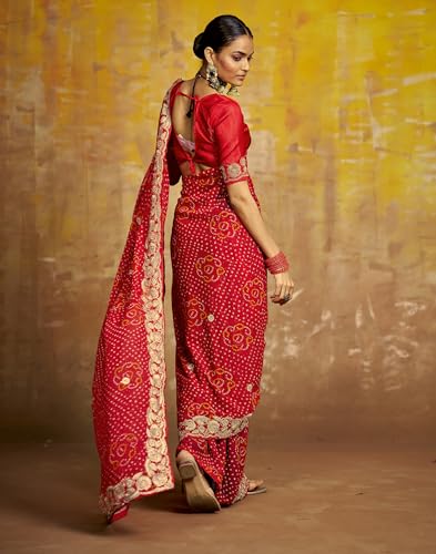 Image of SIRIL Women's Bandhani Printed Georgette Sequence Lace Scalloped Border Saree with Unstitched Blouse Piece