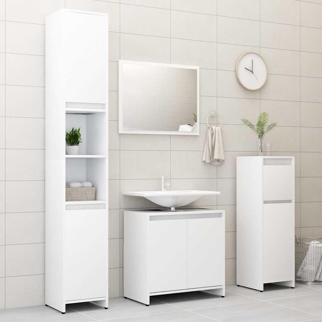 Lot de 4 meubles de salle de bain en bois blanc avec armoire haute, meuble