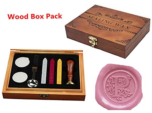 Luxury Letter P Wood Gift Box Pack Vintage Alphabet Initial Engraved Wedding Invitation Classical Old-Fashioned Antique Wax Seal Sealing Stamp Wax Sticks Melting Spoon Stamp Maker Gift Box Kit Set (P) #TOP19