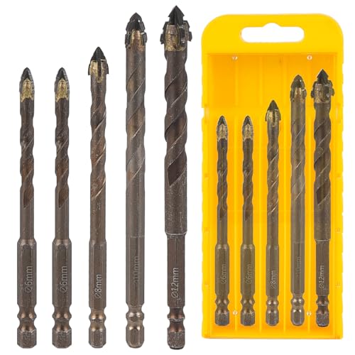 5Pcs High Strength Four Edged Serrated Eccentric Drill Bit Set, Hex Shank Four-Flute Sawtooth Eccentric Twist Drill Bits for Concrete Masonry Wood Stone Brick Glass Tile (6+6+8+10+12mm)