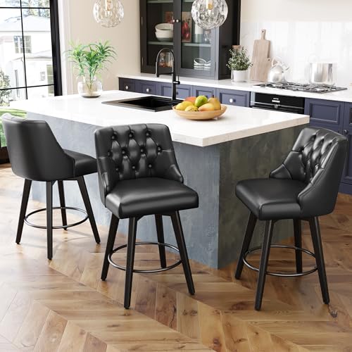 Image of Counter Height Bar Stools Set of 3, 26.8 inchH Swivel Leather Barstools with Backs and Solid Wood Legs, Counter Height Stools for Kitchen Island, Home Bar Pub, Black Grey