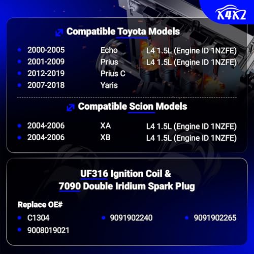Image of UF316 Ignition Coil Pack & 7090 Double Iridium Spark Plugs Toyota Prius | Compatible with Toyota Prius, Yaris, Prius C, Echo, Scion xA, xB - Set of 4