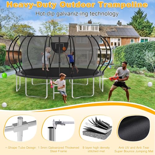 1500LBS Tranpoline Outdoor 8 10 12 14 16FT Tranpoline for Kids and Adults,【Easy to Install & Built to Last】 Recreational Tranpolines with Net, Light+Sprinkler, Basketball Hoop, ASTM Approved