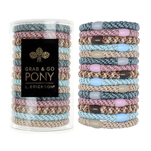 L. Erickson Blue and Pink Hair Ties for Thick Hair, Grab & Go Pony Tube, 15 Pack, Ballerina, Thick No-Crease Bands with Strong Hold, Damage-Free Design, Soft Ballet-Inspired Blend