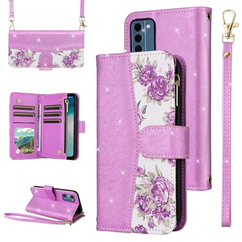 Furiet for Nokia C300 Floral Wallet Case Flip Zipper Purse Wrist Strap Shoulder Strap Luxury Glitter PU Leather Card Holder Stand Accessories Phone Cover for C 300 300C TA-1515 2023 Women Purple