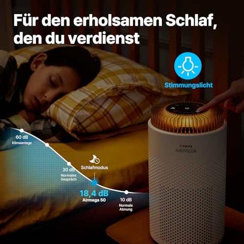 COWAY Luftreiniger Allergiker für Schlafzimmer & kleine Räume, leiser Luftreiniger mit 18,4 dB, CADR 120,1 m³/h, Mood Light, Automatik gegen Pollen, Staub, Tierhaare & Rauch, AIRMEGA 50 – Bild 6