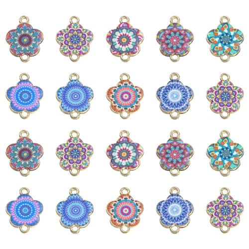 Stiesy 30Pcs Enamel Flower Connector Charms Colourful Printed Floral Links Charms Bulk for Jewellery Making DIY Bracelet Crafts