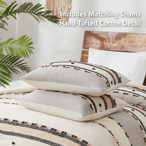 Image of Hyde Lane Boho Queen Comforter Set - 3-Piece Shabby Chic Bedding Sets, Farmhouse Bed Comforter with 2 Pillow Shams, All Season Cotton Top, Desert Tufed