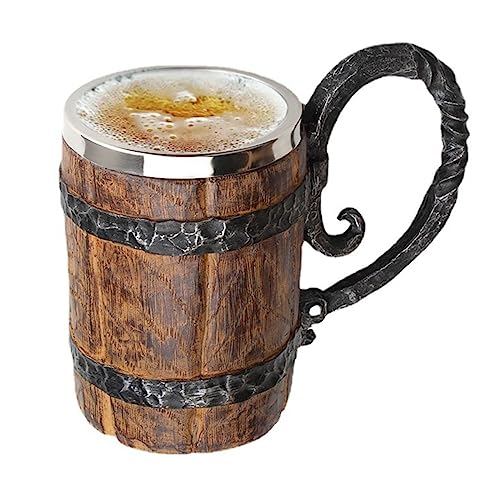 Vintage Faux Handmade Wooden Beer Barrel Mug,Drinkware Mug with Handle,Resin Bucket for Men Coffee Beverage Juice,Stainless Steel Liner Beer Stein Vintage Tankard Unique Gift