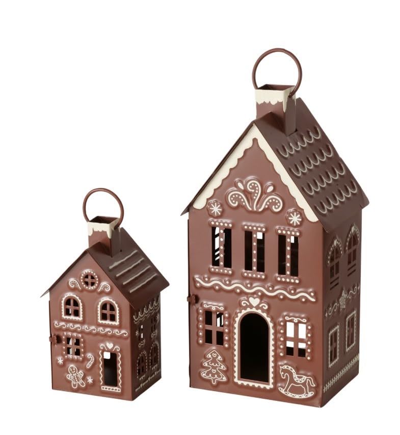 2er Set Laternen groß braun Weiss Lebkuchen Haus Metall b522 Windlichter Häuser Eisen Laternen Geschenkset Weiss Haus Silouette Kerzenhalter Ambiente Laterne Gartendeko Weihnachtsdeko