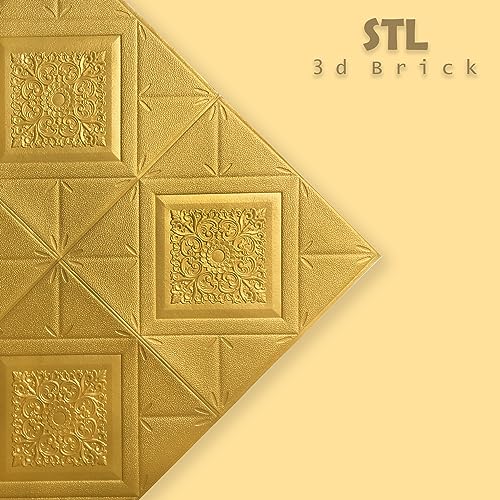 Image of STL 3D Brick Wallpaper - Self-Adhesive PE Foam Wall Stickers, DIY Home, Hotel, Living Room & Bedroom Decor (70 x 77cm, Approx. 5.8 Sq Ft), Golden