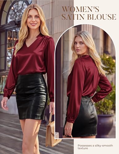 GRACE KARIN Womens Business Casual Tops, Long Sleeve Work Satin Blouses, Dressy V Neck Silk Shirts Fall Trendy Outfits Wine Red M — view 3
