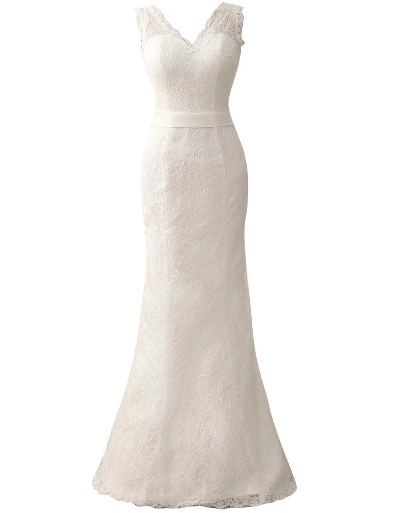 Elegante Vestido de Novia Simple de Cuello V, Blanco, 40