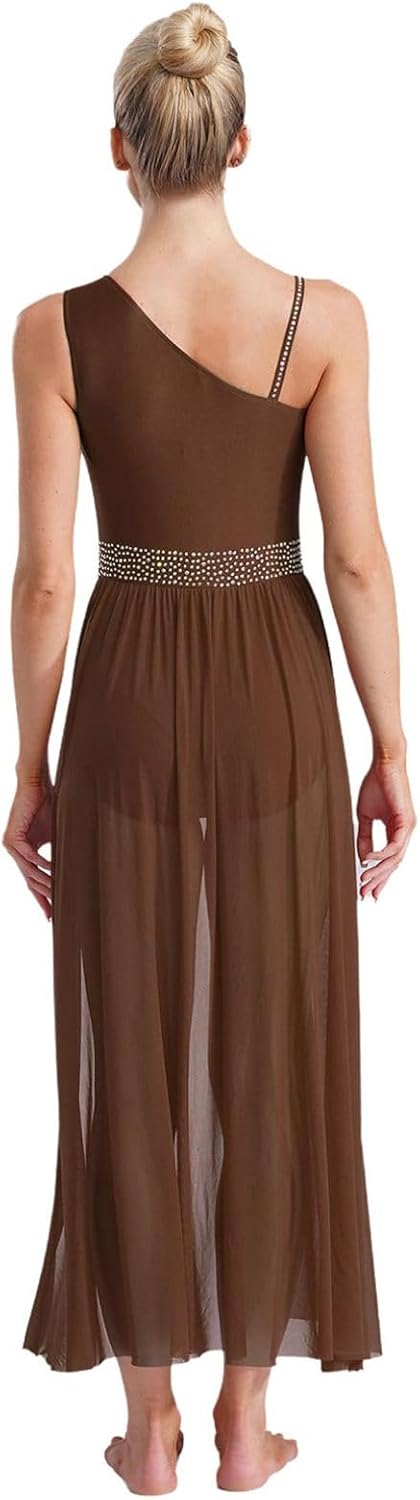 FEESHOW Women's Glittery Rhinestone Lyrical Dance Costume Sleeveless Split Maxi Dress Modern Dance Dress