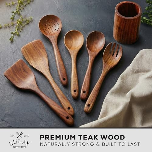 Image of Zulay Kitchen 7-Piece Wooden Cooking Spoons Set - Heat-Resistant, Smooth Teak Utensils with Comfort Grip - Lightweight & Durable - Easy to Clean, Perfect for Non-Stick Cookware