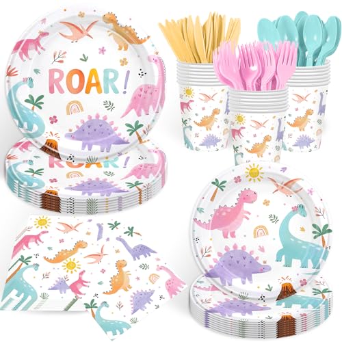 168PCS Pastel Dinosaur Party Supplies for Birthday Roar Dino Party Decorations Watercolor Cartoon Paper Plates Cups Napkins Tableware for 24 Guests