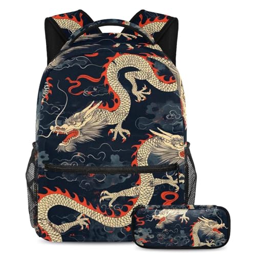 Sac à dos grande capacité motif dragon, ensemble de 2 pièces avec trousse