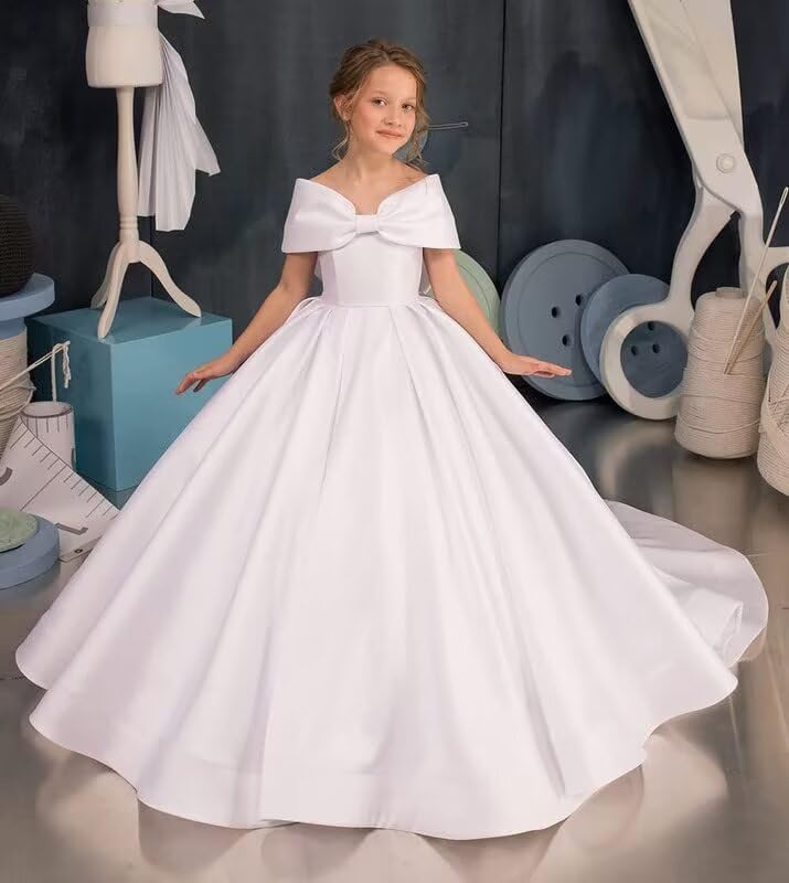 Satin Flower Girl Dress for Wedding Off Shoulder Ball Gowns for Kids Long Princess Pageant Dresses with Bow-Knot3