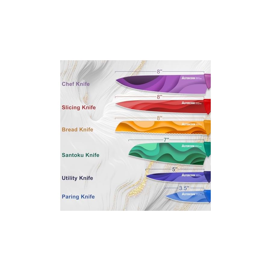 Astercook Fantasy Space Pattern Knife Set with Cover, Dishwasher Safe Colorful Knives with 6 Knife Sheath, German Stainless Steel Rainbow Knife Set