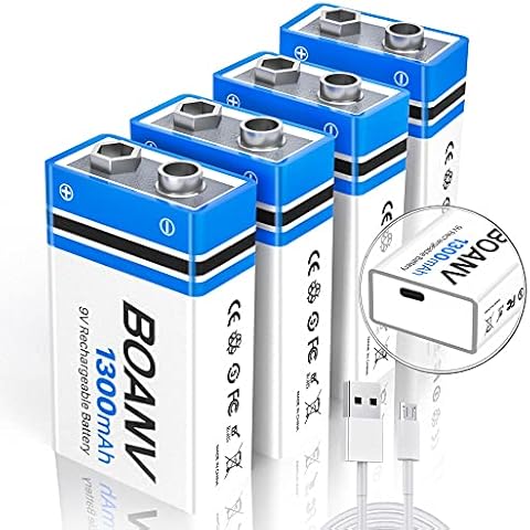 4 Pack 9V Rechargeable Batteries 1300mAh, 9V Rechargeable USB Lithium Long Lasting Battery, with 2 in 1 Charging Cable, for Smoke Detectors, Alarms, Keypad, Microphone Cover
