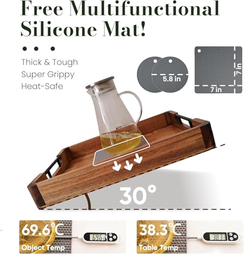 Image of Wooden Serving Tray for Home and Kitchen | Acacia Wood Large Rectangular Tray with Handles for Resturant, Cafe, Breakfast, Multipurpose Organzier | (Food Safe Oil Finish) (Manna)