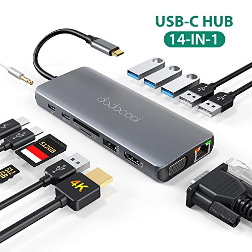 USB C Hub, 14-in-1 USB C Adapter with 4K USB C to HDMI, VGA, Gigabit Ethernet, 100W PD, SD/TF Card Reader, Type-C Data Transfer, 3 USB 3.0/3 USB 2.0, 3.5mm Audio USB C Dock for Type-c Laptops