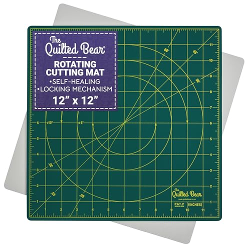 The Quilted Bear Rotating Cutting Mat 12" x 12" - Locking & Rotating Self Healing Cutting Board for Sewing, Fabric & Effortless Quilting - 360 Degree Sewing Supplies Mat for Craft Table (Green)