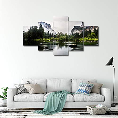 Tumovo Canvas Wall Art Nature River Around Mountain Beautiful Forest Painting Landscape 5 Panels Panoramic Scenery Artwork Picture Frames Ready To Hang For Living Room Bedroom Home Office Wall Decor #TOP1
