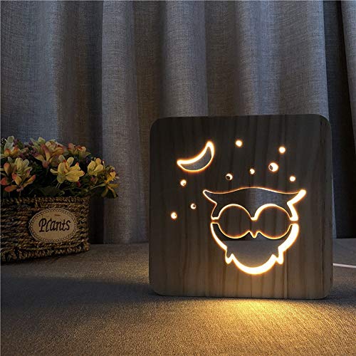 MQW Lumière Cartoon Nuit En Bois Hibou 3D Creux USB Creative Décoratif LED Lampe De Table Chambre Chambre D'enfant Anniversaire Cadeau De Noël 19 * 19cm Bureau Simple romantique