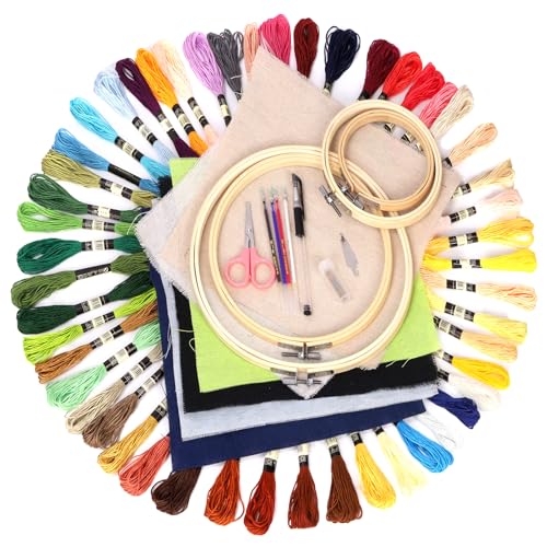 Glarks Juego de bordado de tela de lino incluye 50 hilos, 6 paños, 6 aros de punto, 10 agujas