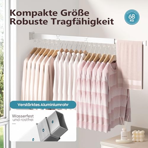 JAUREE wäscheständer wandmontage, platzsparender und zusammen klappbarer kleiderstange wandmontage,dreifach ausziehbarer tri-fold Wäscheständer für drinnen und draußen mit 18 Haken, weiß