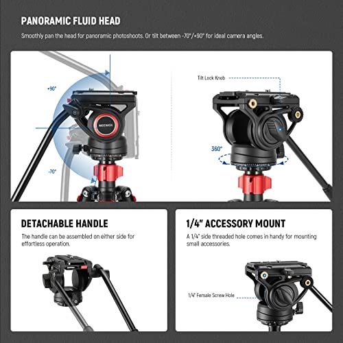 Image of NEEWER 72 inch Fluid Head Video Tripod Monopod, Aluminum Alloy QR Plate Compatible with DJI RS Gimbal, 360 Pan & +90 /-70 Tilt for DSLR Camera Camcorder, Max Load 13.2lb /6kg, TP72A