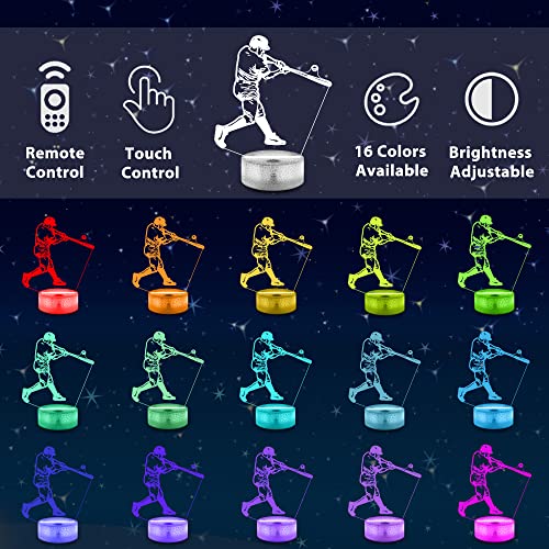 Lampeez Baseball Player Gifts, 3D Night Light For Kids Optical Illusion Lamp With Remote 16 Colors Changing Birthday Xmas Valentine's Day Gift Idea For Sport Fan Boys Girls #TOP2