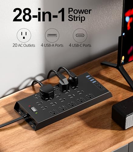 Image of Surge Protector Power Strip 4800J, LeZone 10Ft Long Extension Cord Flat Plug, 20 Outlets 4 USB-A 4 USB-C Ports, Wall Mountable, Home Office Dorm Essentials, Black